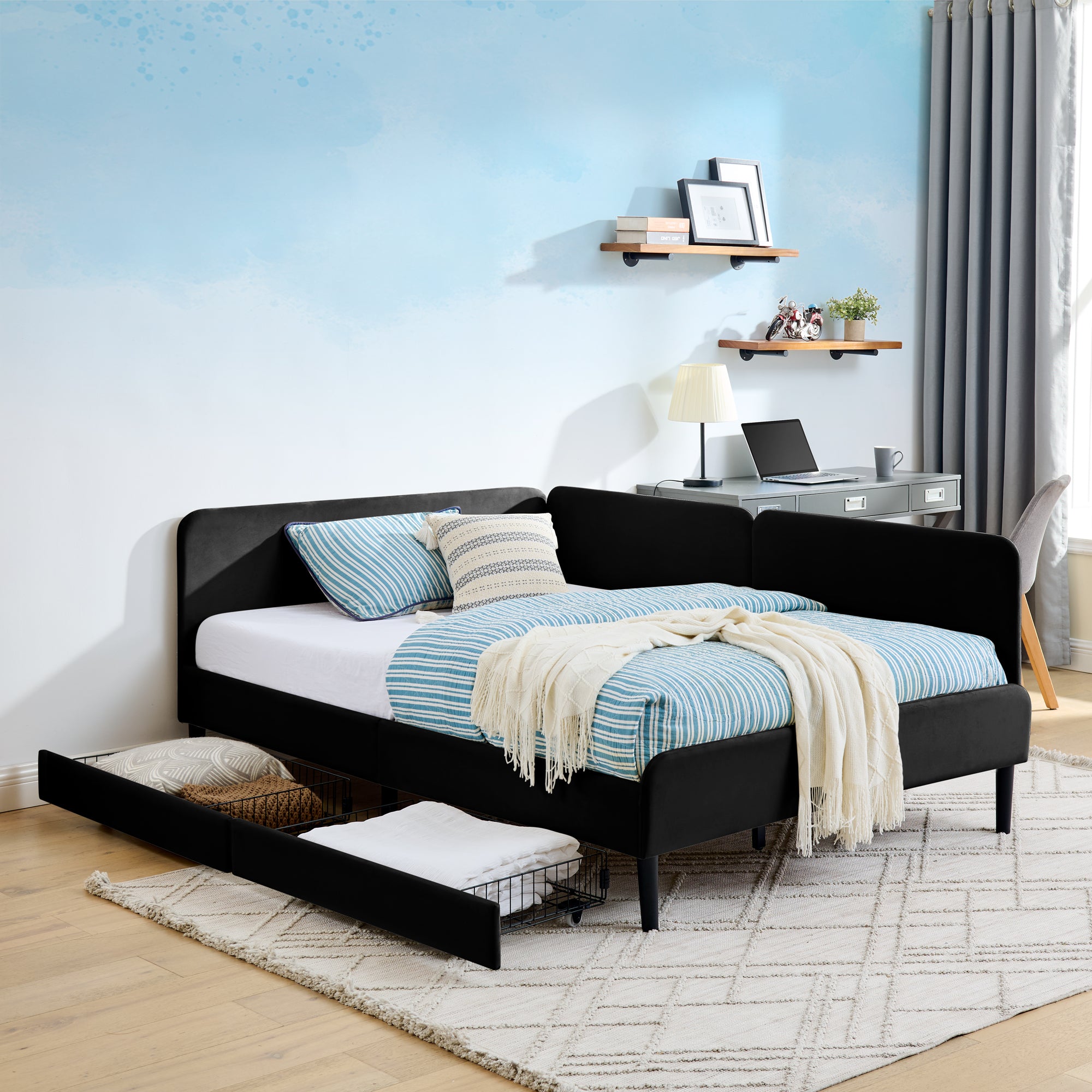 Black Velvet Upholstered Platform Bed Frame with 2 Storage Drawers and Adjustable Sofa Bed, Full Size - Grand Goldman Shop