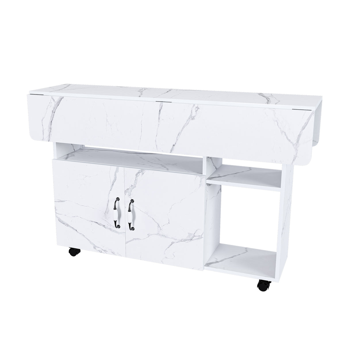 Multi-Functional Folding Table with Storage Shelves and Wheels, 47 Inch White MDF Compact Desk for Kitchen, Dorm, or Office - Grand Goldman Shop