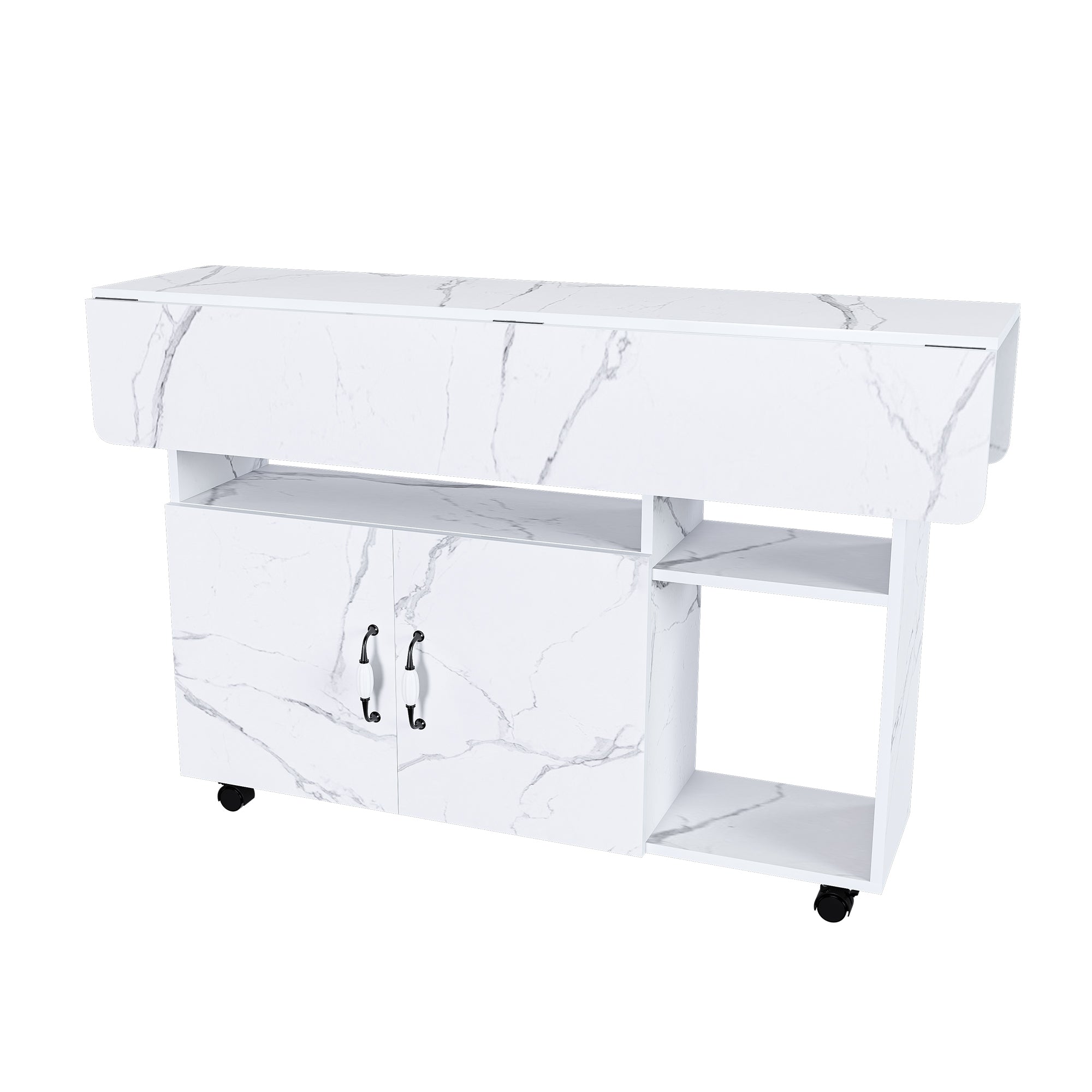 Multi-Functional Folding Table with Storage Shelves and Wheels, 47 Inch White MDF Compact Desk for Kitchen, Dorm, or Office - Grand Goldman Shop