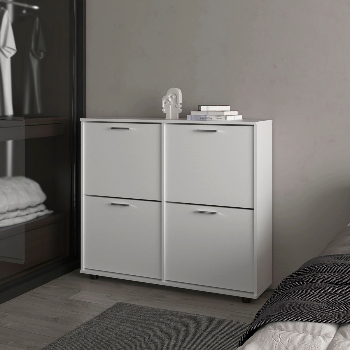 FM FURNITURE Nutrioso Tilt-Out Shoe Storage Cabinet with Multiple Compartments and Modern Desig, White - Grand Goldman Shop