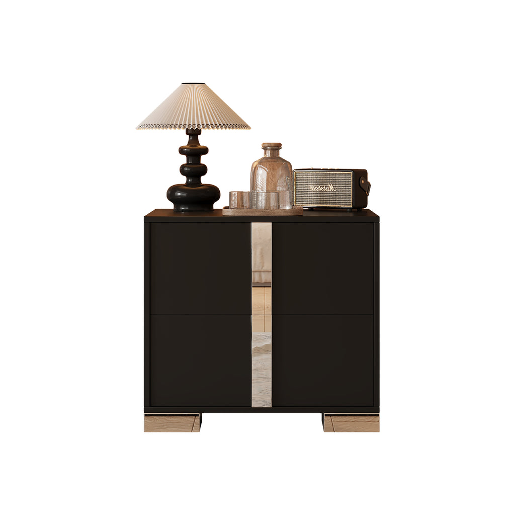 Elegant Nightstand with Metal Foot, Mirrored Bedside Table with 2 Drawers for Bedroom, Living Room, Black - Grand Goldman Shop