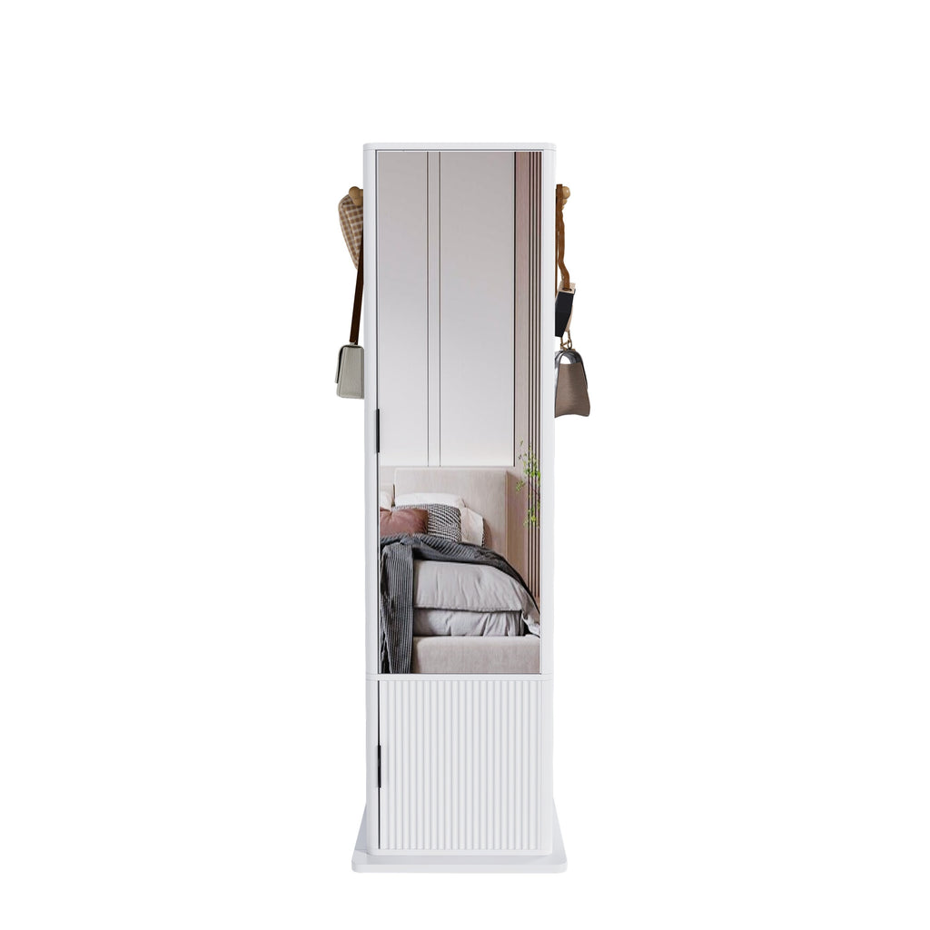 360° Rotating White Makeup Cabinet with Full-Length Mirror, Jewelry Storage, Coat Rack, 4 Open Shelves, 2 Built-In Shelves, MDF and Glass - Grand Goldman Shop