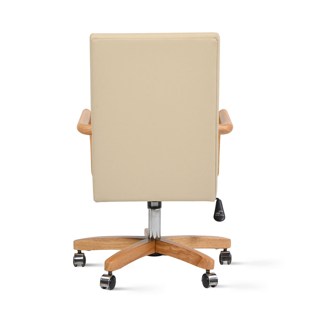 Dumont Modern Farmhouse High Back Executive Home Office Chair, Neutral Cream Beige Leather & Natural Wood - Grand Goldman