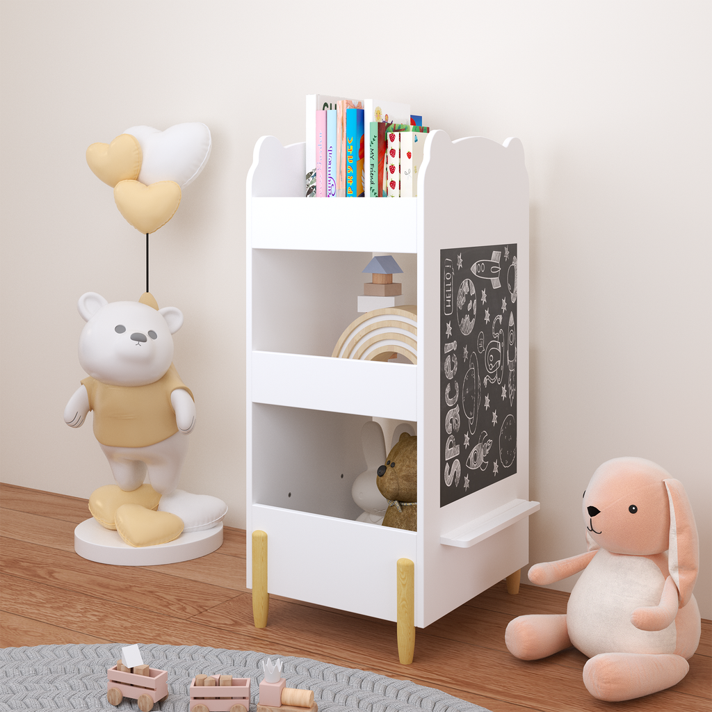 Kids Bookshelf with Chalkboard Side – Bear-Shaped Wooden Bookcase with 3-Tier Storage, Drawing Board for Toddlers, Toy and Bo