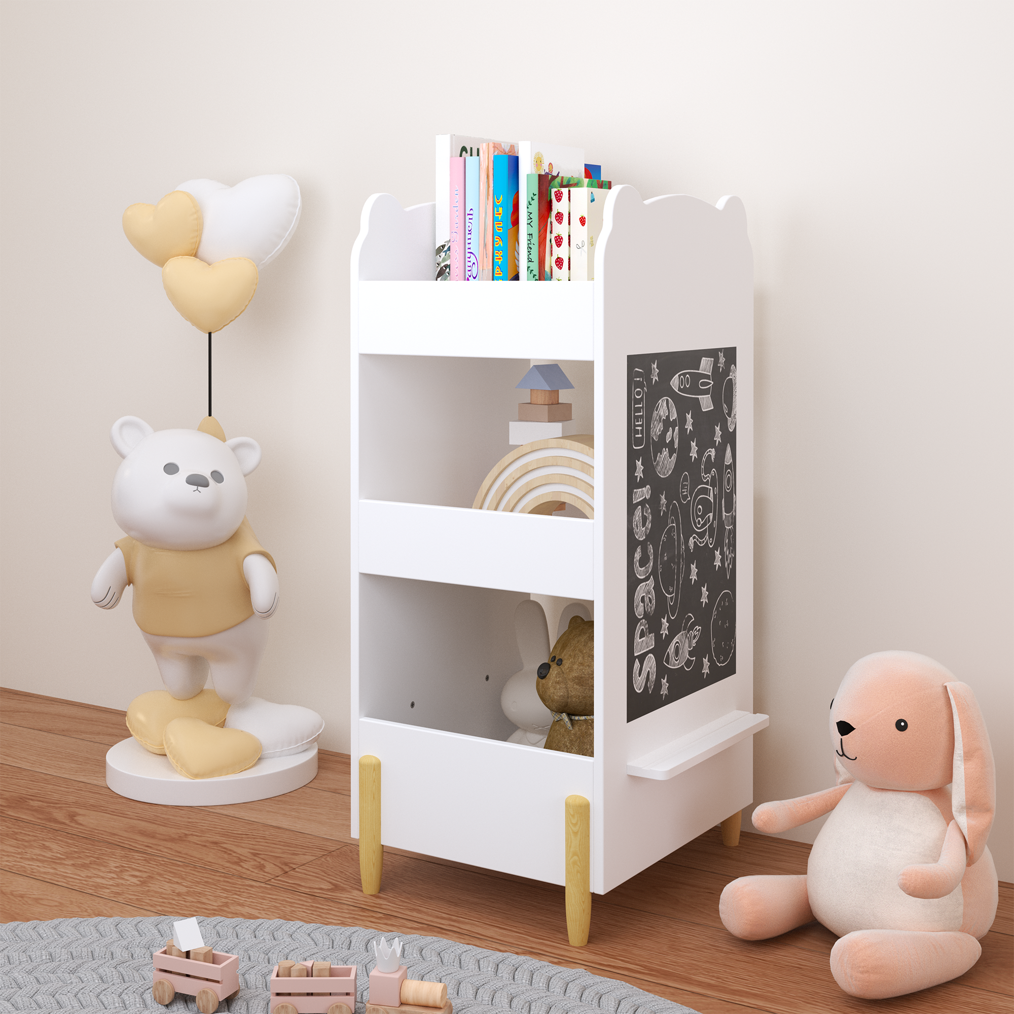 Kids Bookshelf with Chalkboard Side – Bear-Shaped Wooden Bookcase with 3-Tier Storage, Drawing Board for Toddlers, Toy and Bo