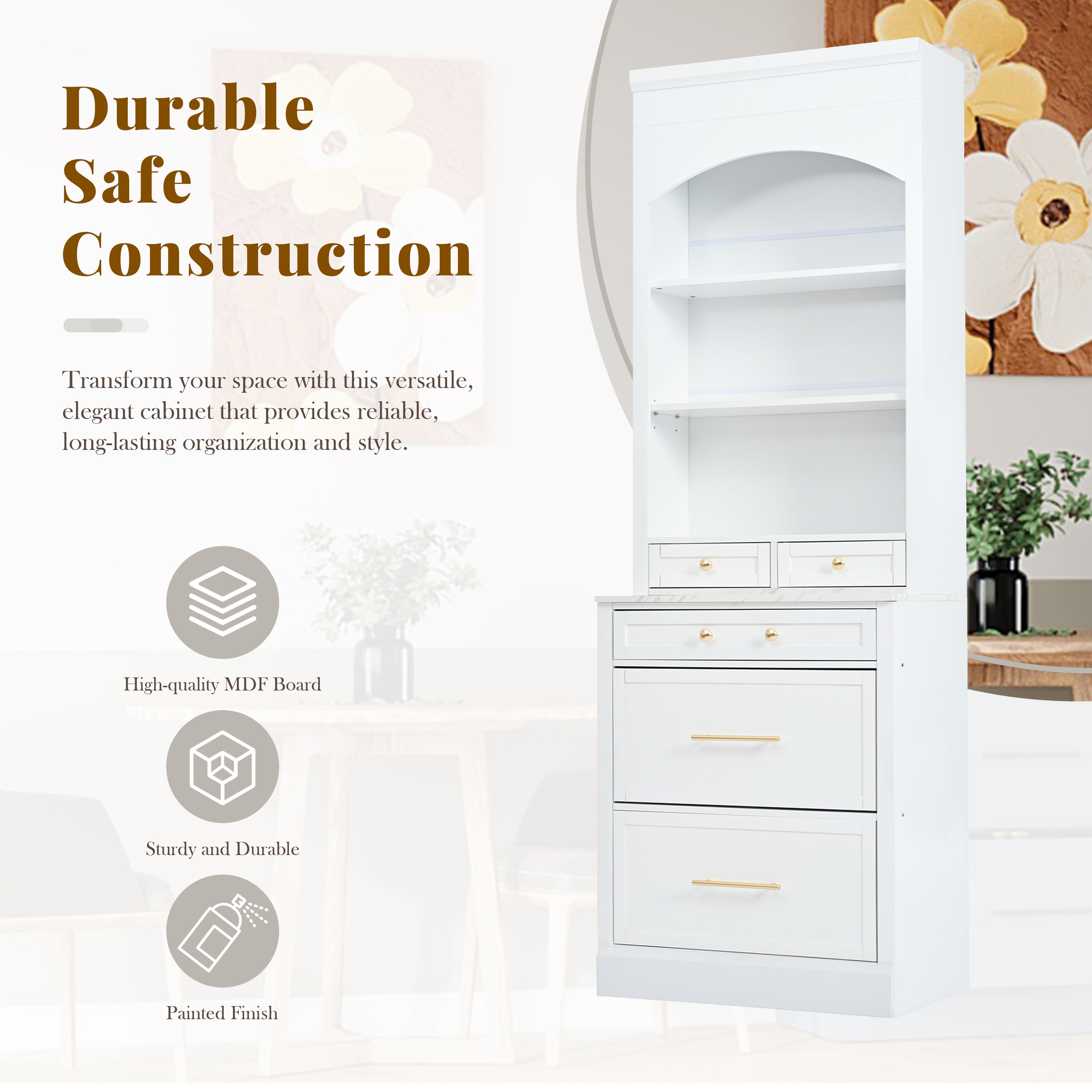 [Assembly Video Provided] TOPMAX Modern 83.7inch High Kitchen Pantry, Freestanding Tall Kitchen Hutch with Faux Marble Top, Display Cupboard Cabinet with 5 Storage Drawers and Adjustable Shelf, White - Grand Goldman Shop