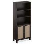 Tall Bookcase with Rattan Doors,5 Tier Storage Wood Shelves Large Bookshelf for Library Living Room Bedroom Home Office,Walnu