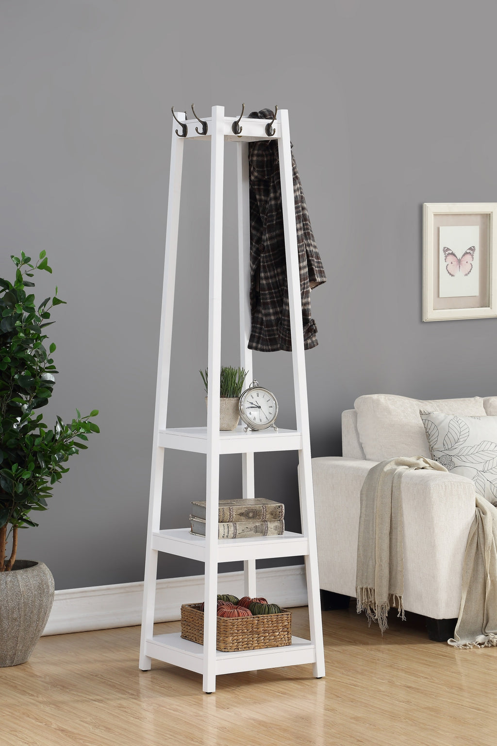 Vassen Coat Rack w/ 3-Tier Storage Shelves in White Finish - Grand Goldman Shop