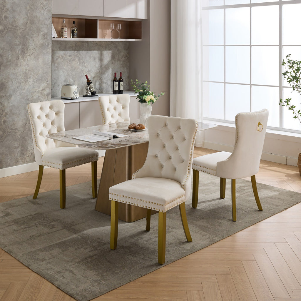 A&A Furniture, Nikki Collection Modern, High-end Tufted Solid Wood Contemporary Velvet Upholstered Dining Chair with golden Wood Legs Nailhead Trim 2-Pcs Set, Milky White,SW1401MW - Grand Goldman Shop