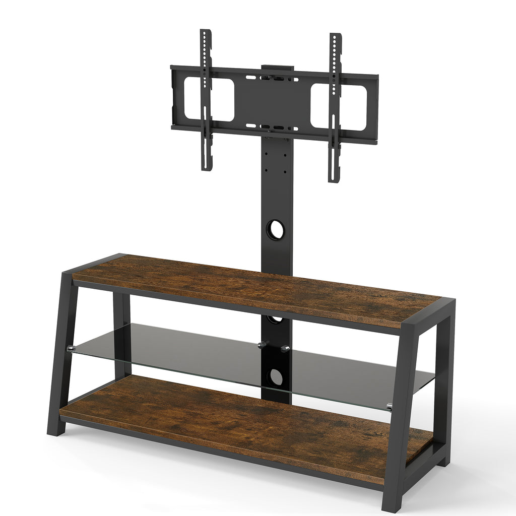 Wooden Storage TV Stand Black Tempered Glass Height Adjustable Universal Swivel Entertainment Center With Mount TV Stand, Rustic Browm - Grand Goldman Shop