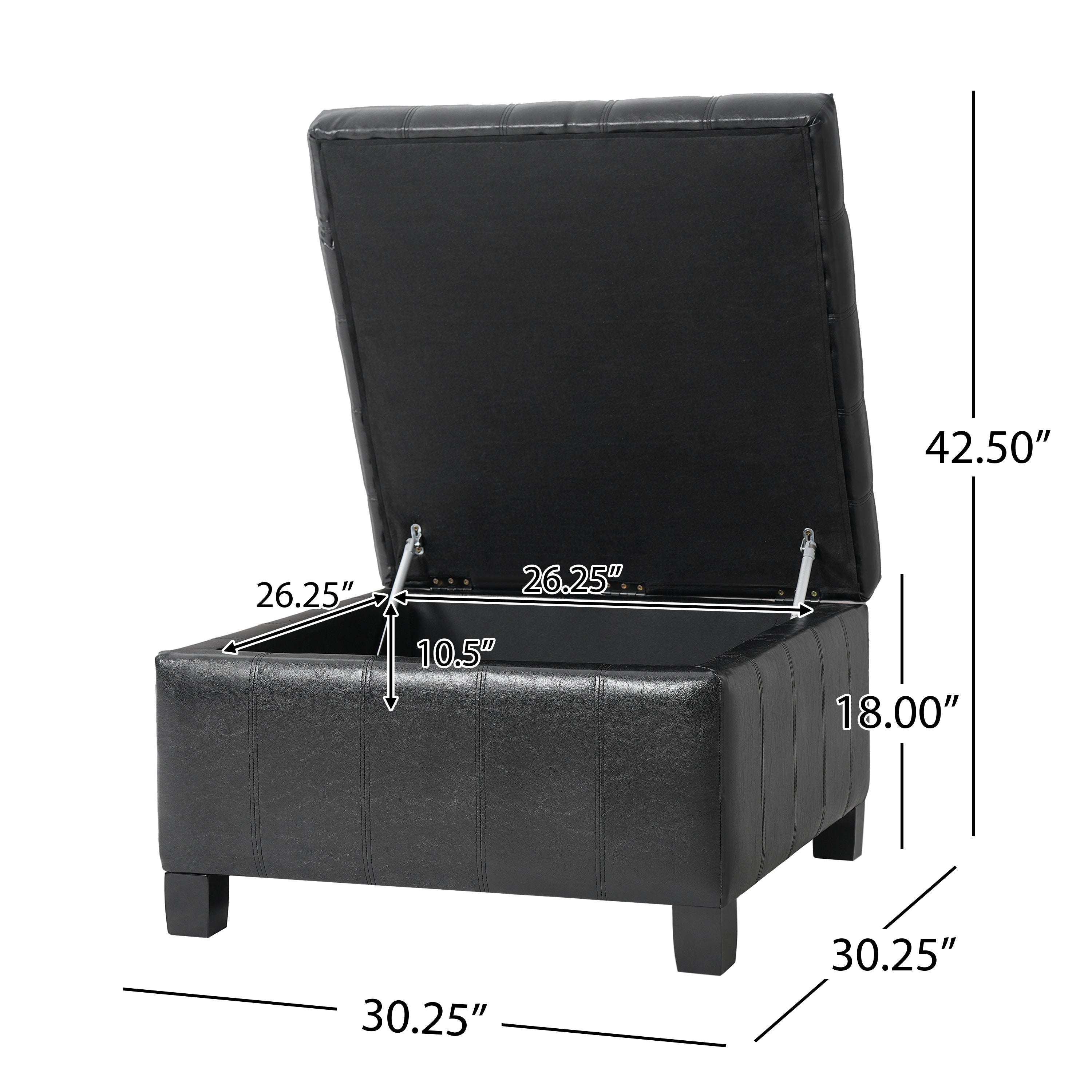 Black PU Storage Ottoman with Rubber Wood Legs, 30.25'' Square Tufted Indoor Ottoman with Lift-Top Storage for Living Room, Bedroom & Entryway,300lbs Weight Capacity - Grand Goldman Shop