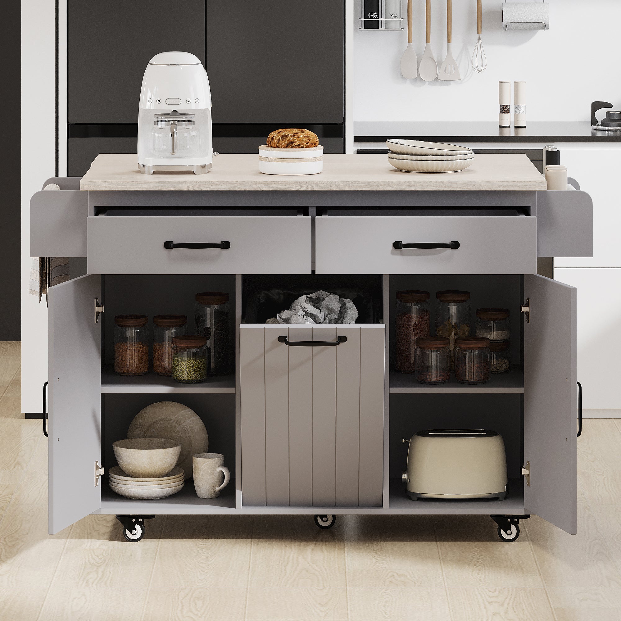 K&K Kitchen Island with Trash Can Storage Cabinet, Kitchen Cart with Drop Leaf, Spice Rack, Towel Rack and Drawer, Rolling Kitchen Island on Wheels with Adjustable Shelf, Grey - Grand Goldman Shop