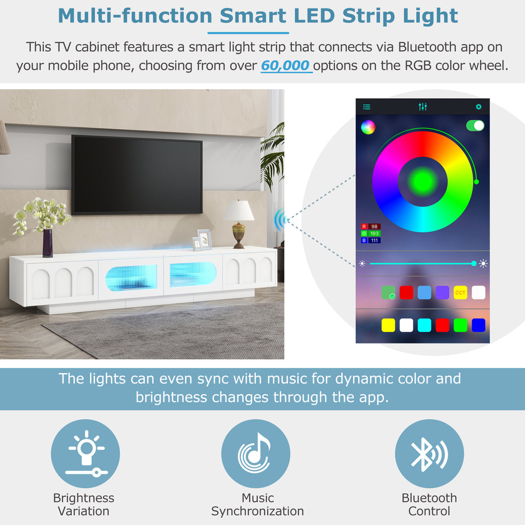 ON-TREND TV Stand with Fluted tempered Glass Doors for TVs Up to 95'', Functional Media Console with Arched Cabinet Doors, Entertainment Center with APP-Controlled LED Light for Living Room, White - Grand Goldman Shop