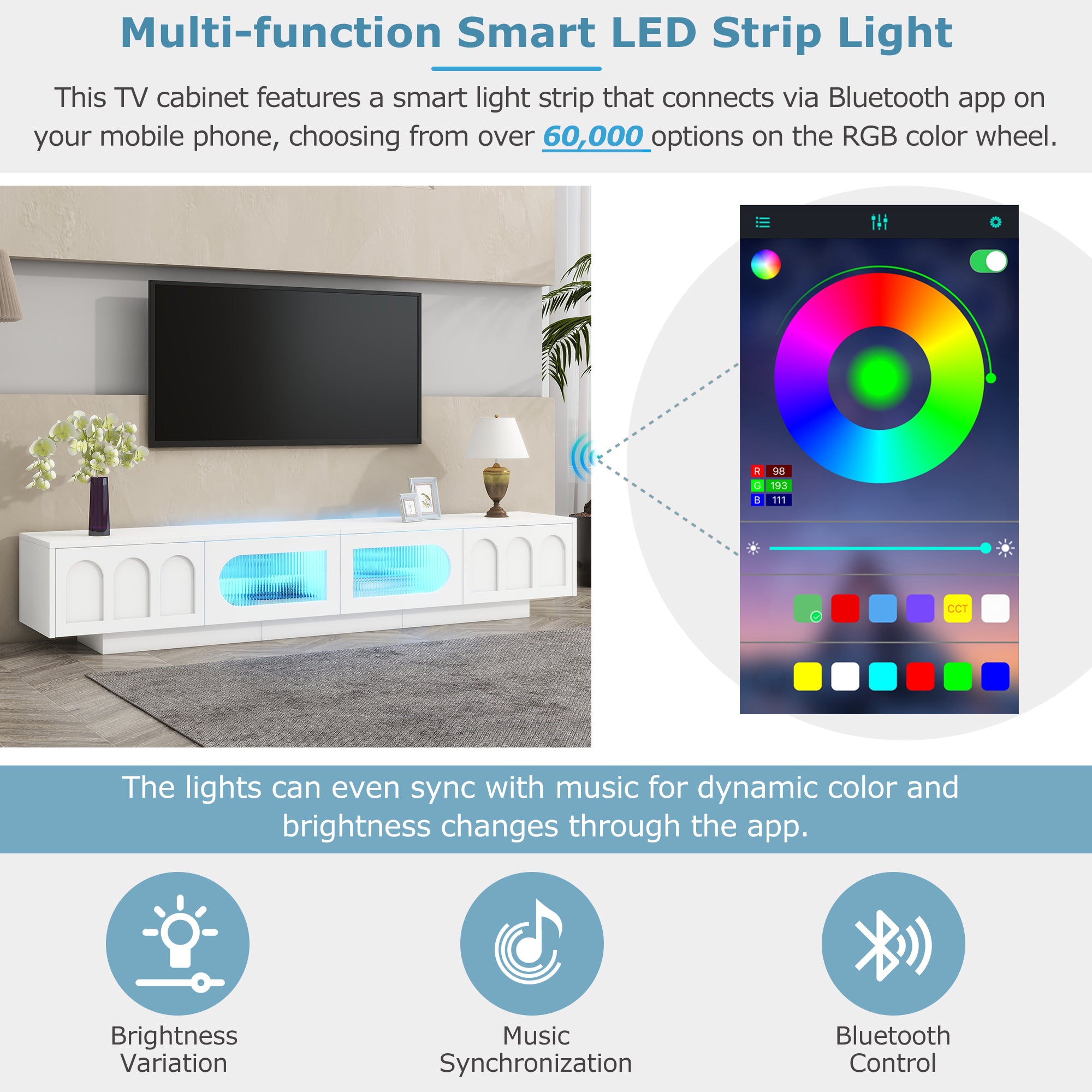 ON-TREND TV Stand with Fluted tempered Glass Doors for TVs Up to 95'', Functional Media Console with Arched Cabinet Doors, Entertainment Center with APP-Controlled LED Light for Living Room, White - Grand Goldman Shop