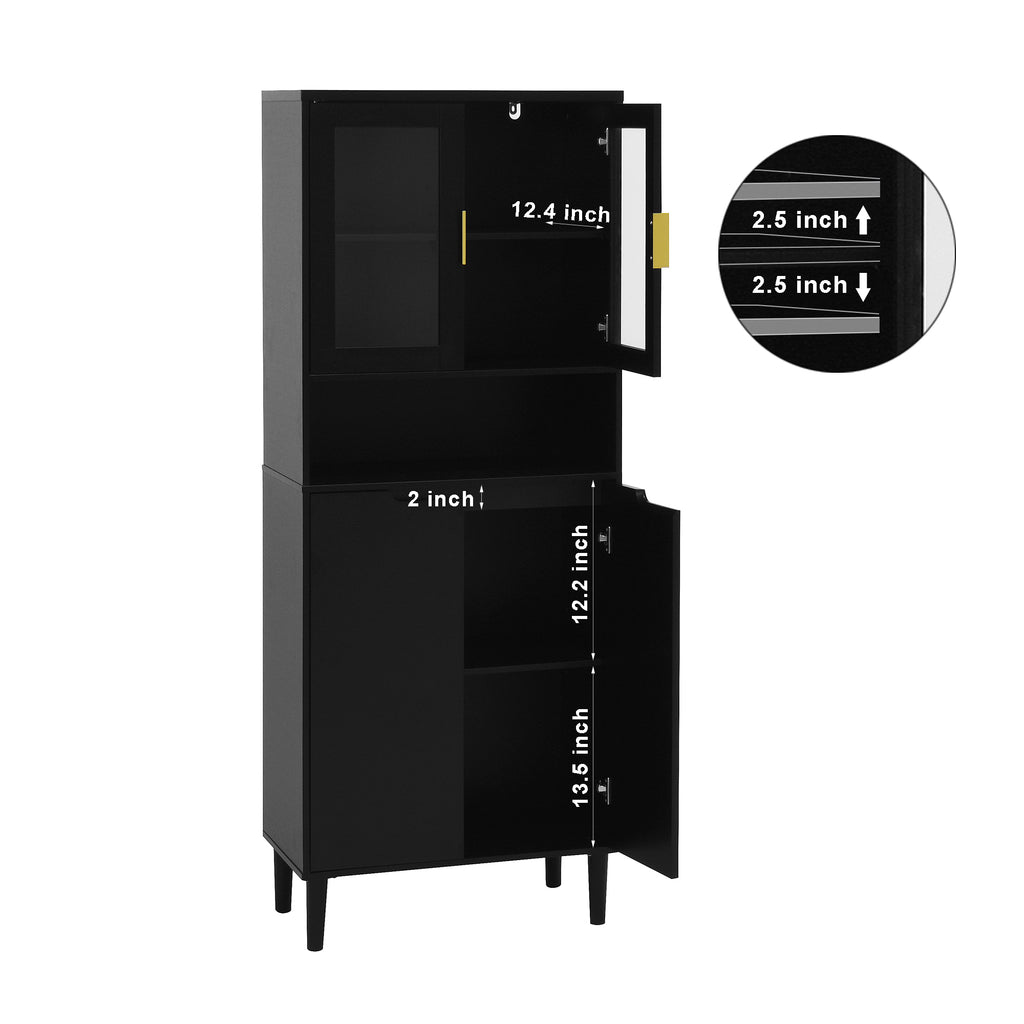Tempered Glass Door Tall Storage Bookcase with adjustable board, 4 doors MDF painting finished cabinet, Black, Living room Bedroom storage - Grand Goldman Shop