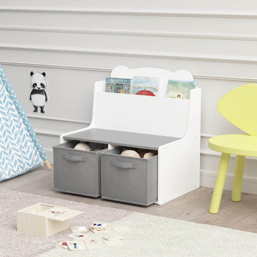 Kids Bookshelf with Storage Bins – Wooden Bookcase with Book Display Shelf and 2 Fabric Bins, Cute Bear-Shaped Backboard, Toy