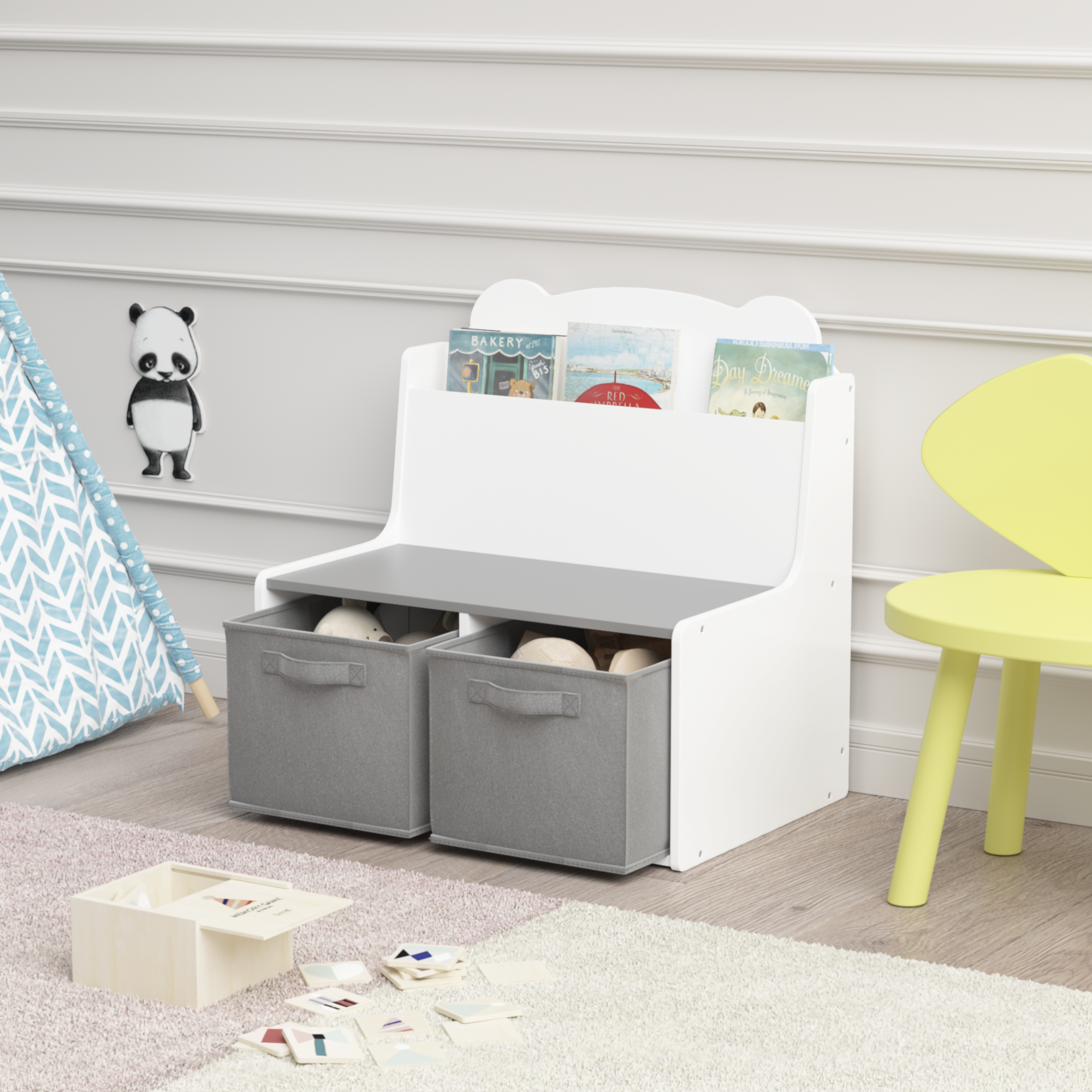 Kids Bookshelf with Storage Bins – Wooden Bookcase with Book Display Shelf and 2 Fabric Bins, Cute Bear-Shaped Backboard, Toy