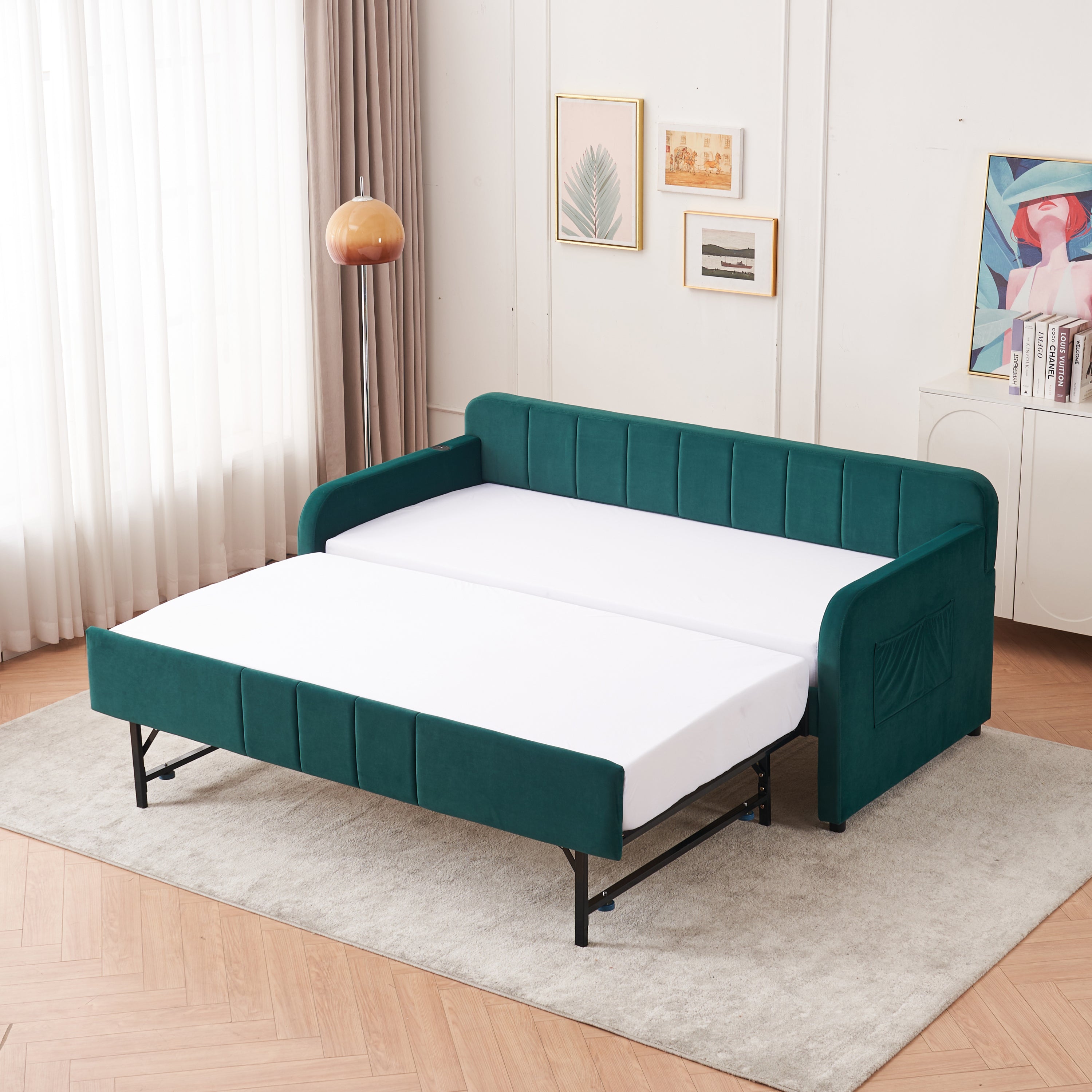 Twin Upholstered Daybed Frame with Trundle, Twin Size Sofa Bed for Bedroom Living Room Guest Room, Wood Slat Support,Emerald - Grand Goldman Shop