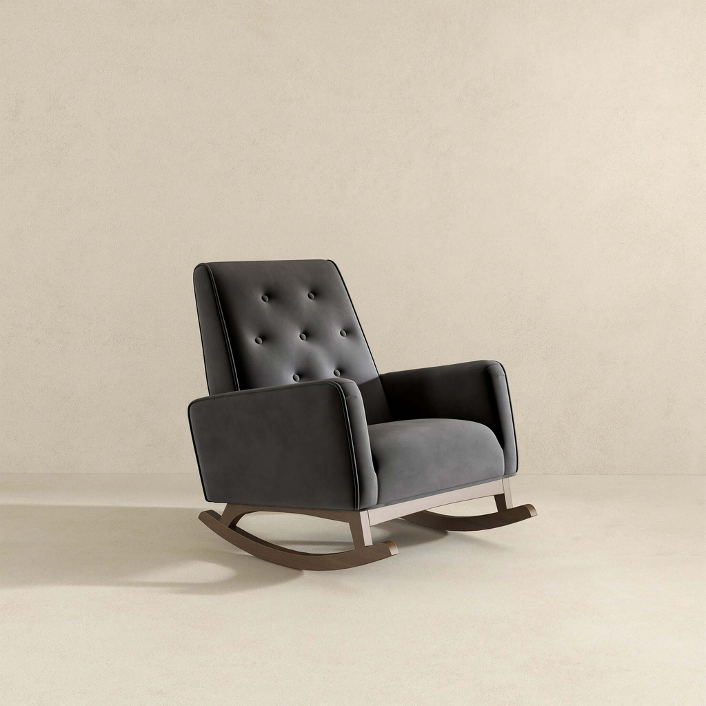 Elegant Style Demetrius Dark Grey Fabric Rocking Chair with Solid Wood Frame for Living Room and Nursery 36.6'H x 27.5'W x 39'D for Living Room Bedroom Reading - Grand Goldman Shop