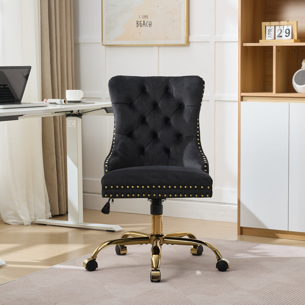 A&A Furniture Office Chair,Modern Velvet Upholstered Tufted Button Home Office Chair with Golden Metal Base,Adjustable Desk C