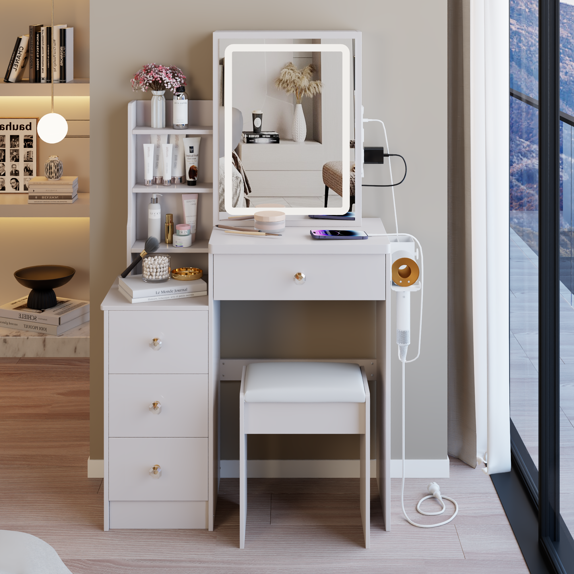29.2' Small Size Bedside Cabinet Vanity Table + Cushioned Stool, 2 AC+2 USB Power Station, Hair dryer bracket, Extra Large Touch Control Sliding LED Mirror, 3-color Switching, EPA, GCC, UL Certificate - Grand Goldman Shop