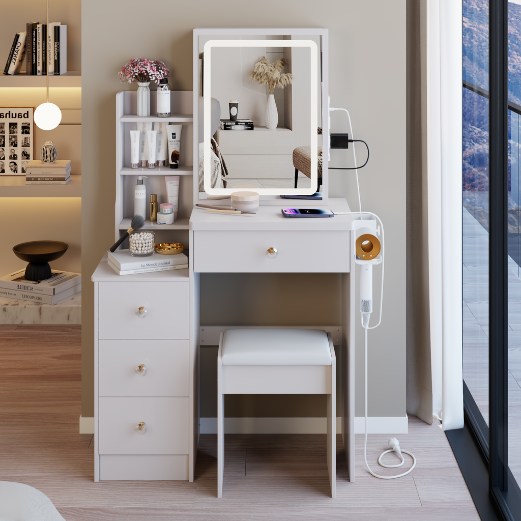 29.2' Small Size Left Bedside Cabinet Vanity Table + Cushioned Stool, 2 AC+2 USB Power Station, Hair dryer bracket, Extra Large Touch Control Sliding LED Mirror, Tri-color Switching, Brightness Adjust - Grand Goldman Shop