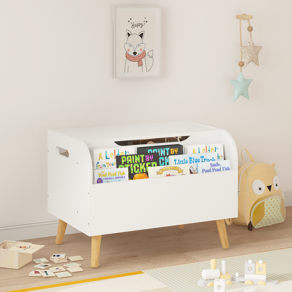 Wooden Toy Box with Front Bookshelf, Flip-Top Lid, Safety Hinge for Kids Room Organization in White, Solid Wood & MDF Constru