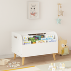 Wooden Toy Box with Front Bookshelf, Flip-Top Lid, Safety Hinge for Kids Room Organization in White, Solid Wood & MDF Constru