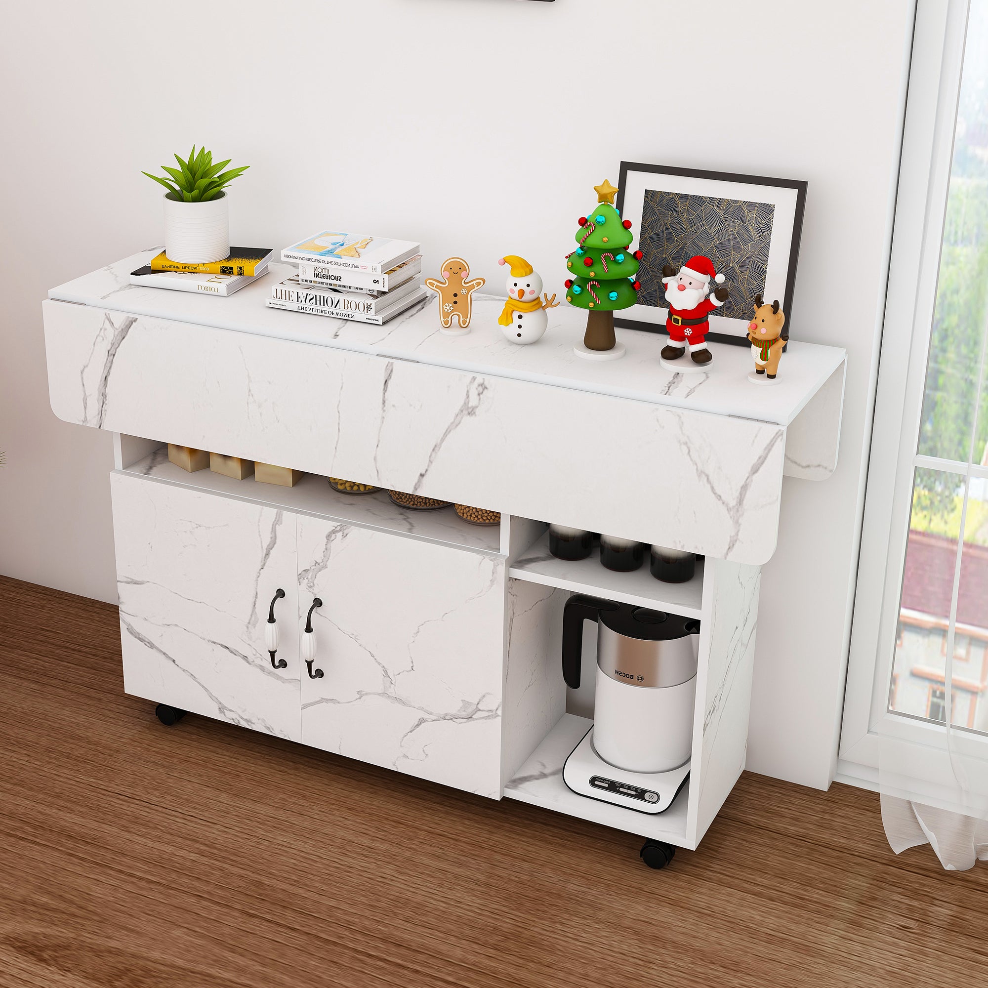 Multi-Functional Folding Table with Storage Shelves and Wheels, 47 Inch White MDF Compact Desk for Kitchen, Dorm, or Office - Grand Goldman Shop