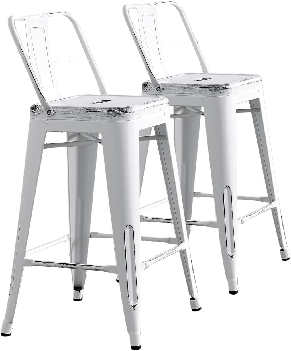 Modern Light Weight Industrial Contemporary Rustic Vintage Costal Metal Barstools with Bucket Back and 4 Leg Design, Seat Bar