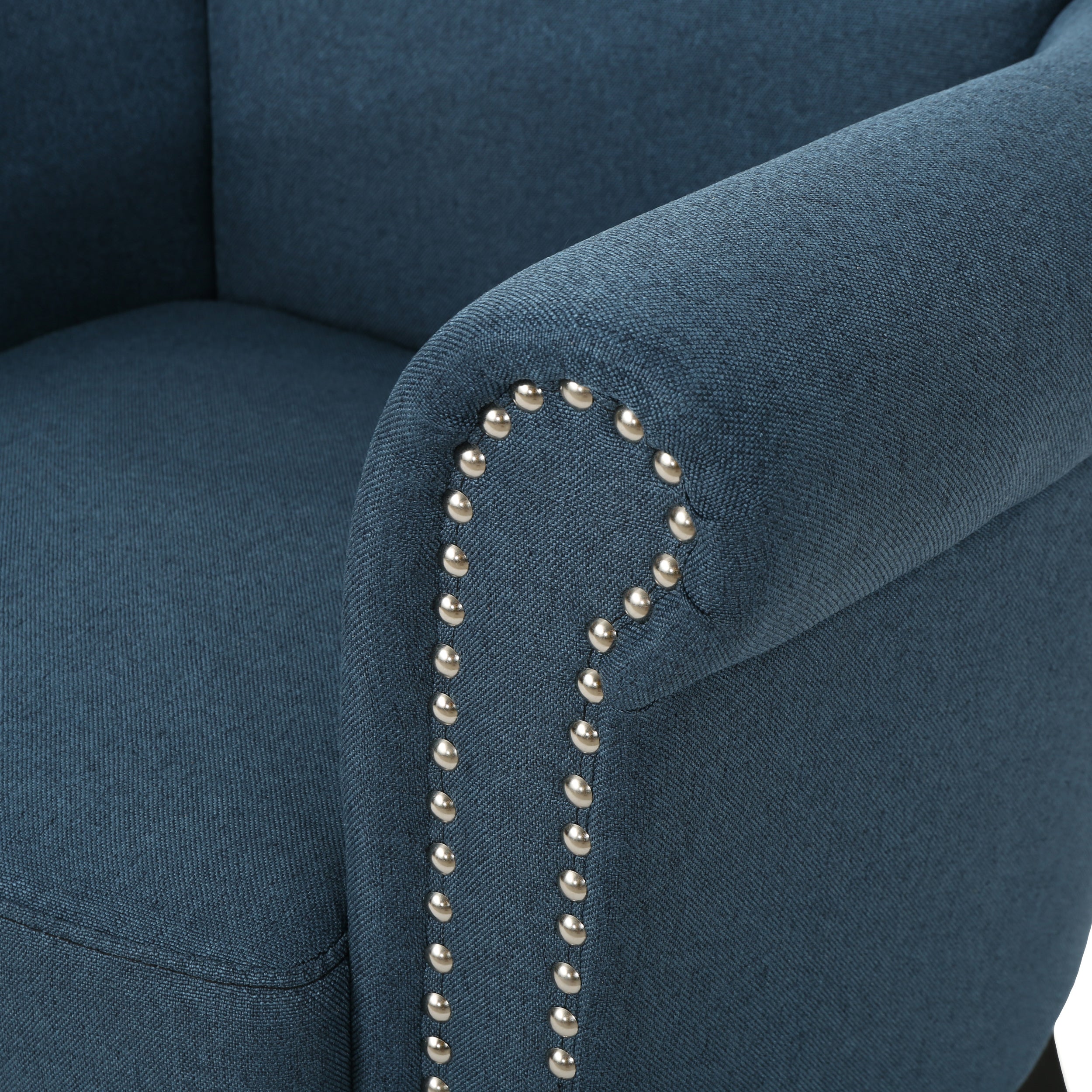 Elegant Navy Blue Fabric Club Chair with Nailhead Trim and Birch Wood Legs - Grand Goldman Shop