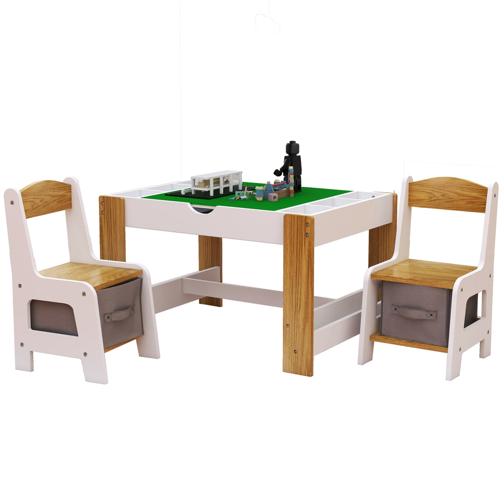 Kids 2 in 1 Play Table & 2 Chairs Set,with 7 Storage Compartments,Compatible with LEGO Building Block,Modern Activity Learnin