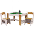 Kids 2 in 1 Play Table & 2 Chairs Set,with 7 Storage Compartments,Compatible with LEGO Building Block,Modern Activity Learnin
