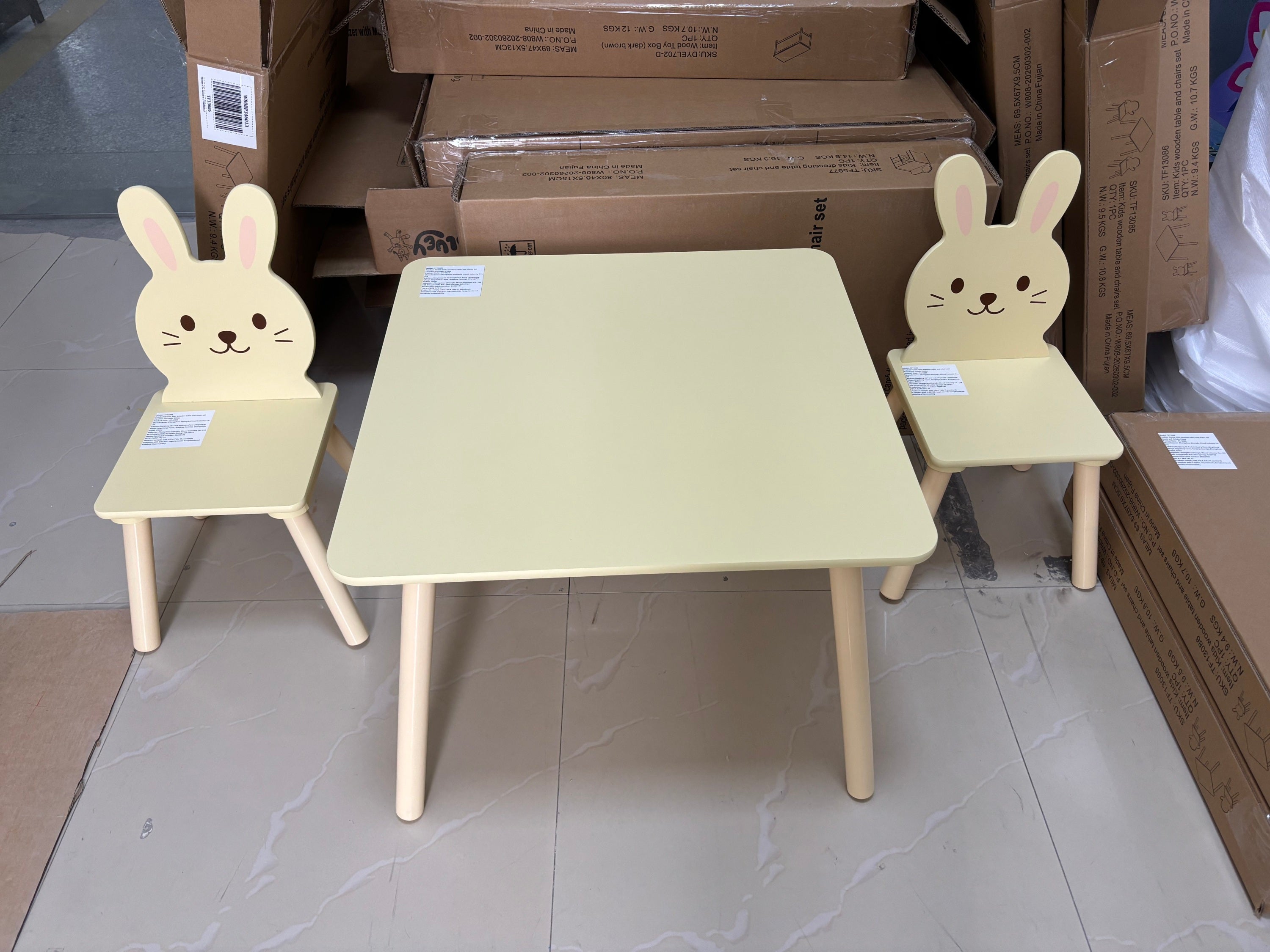 Kids Table and Chair Set with 2 Bunny Chairs, Children's Wooden Activity Table for Toddlers, Cute Animal Design Study Play Se