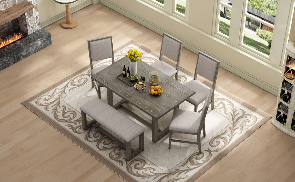 TREXM 6-Piece Retro Dining Table Set for 6, 60' Wood Kitchen Table and Chairs Set of 4 with Bench Designed Trestle Base for kitchen & Dining Room (Gray) - Grand Goldman Shop