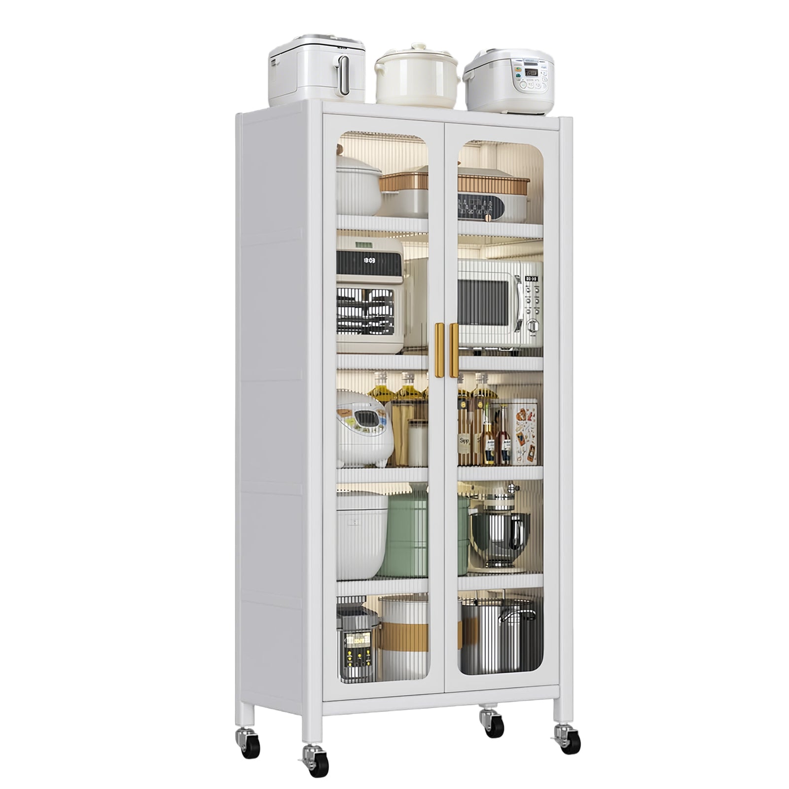 65'  Metal 6-Tier Storage Cabinet with Transparent Door, Adjustable Shelves & Wheels, for Kitchen Pantry Organization, White Metal - Grand Goldman Shop