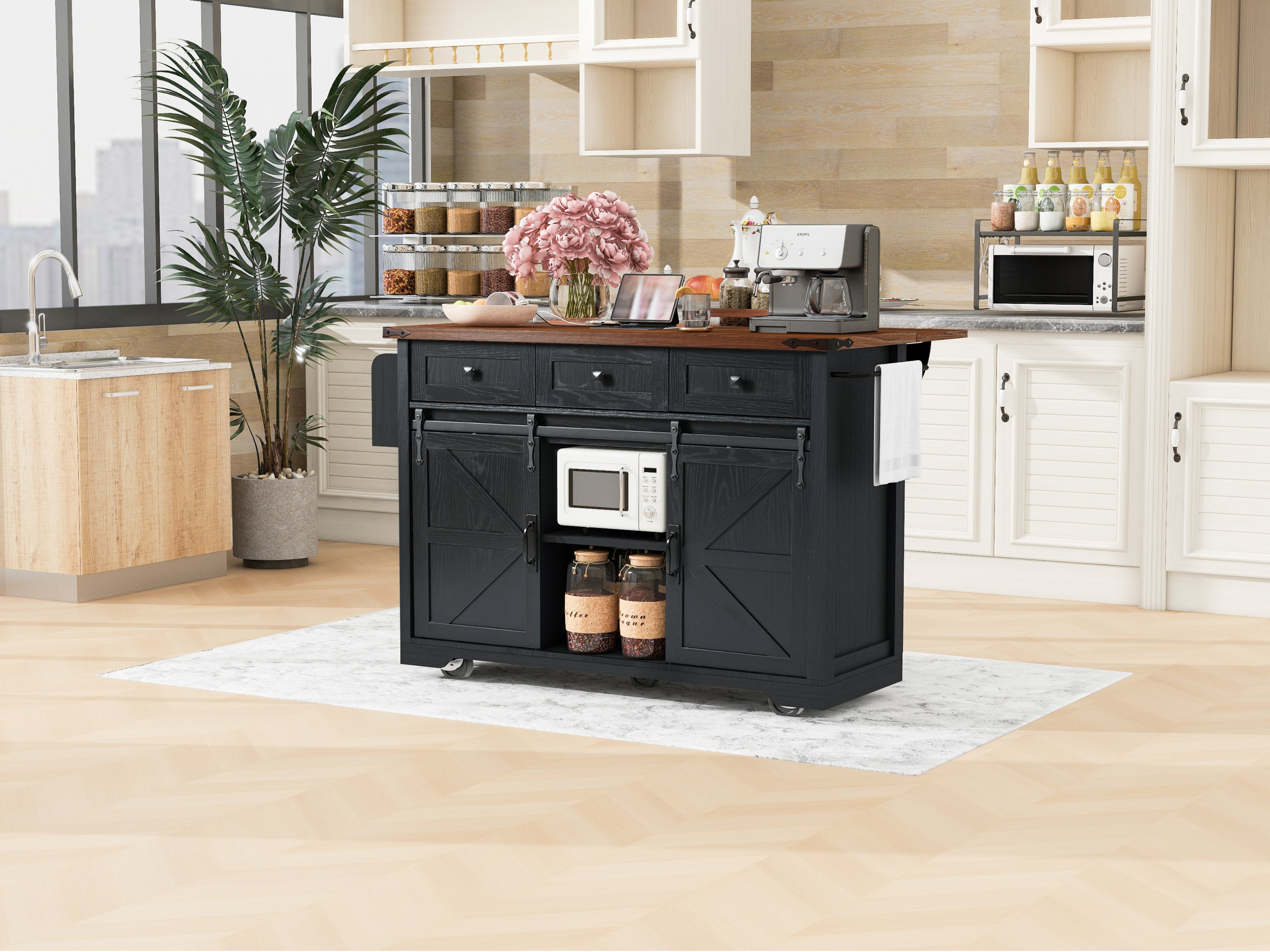 K&K 53.7' Farmhouse Kitchen Island with Power Outlet, 2 Sliding Barn Door Kitchen Storage Island with Drop Leaf, Spice Rack Rolling Kitchen Cart on Wheels, for Home, Kitchen and Dining Room, Black - Grand Goldman Shop