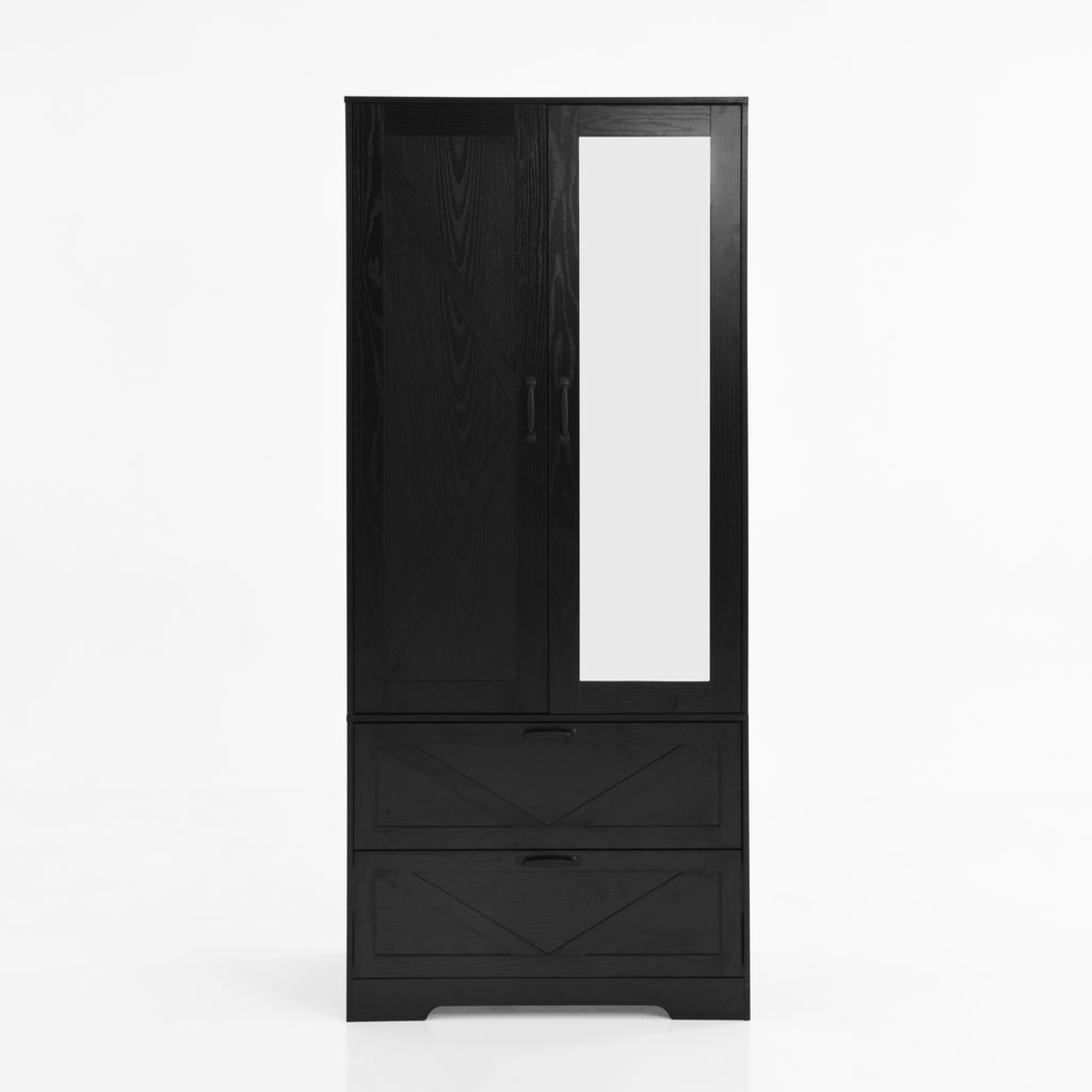 2 Door Wood Wardrobe for Bedroom with Hanging Clothing Rod inside the Cabinet and 2 Drawers for Storage Organization, Built-in induction light Multifunctional Closet with Mirror, Black - Grand Goldman Shop