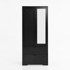 2 Door Wood Wardrobe for Bedroom with Hanging Clothing Rod inside the Cabinet and 2 Drawers for Storage Organization, Built-in induction light Multifunctional Closet with Mirror, Black - Grand Goldman Shop
