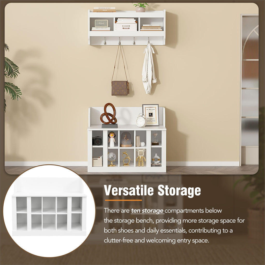 ON-TREND Shoe Storage Bench with Shelves and 4 Hooks, Elegant Hall Tree with Wall Mounted Coat Rack, Entryway Organizer For Hallway, Foyer, Mudroom, White - Grand Goldman Shop