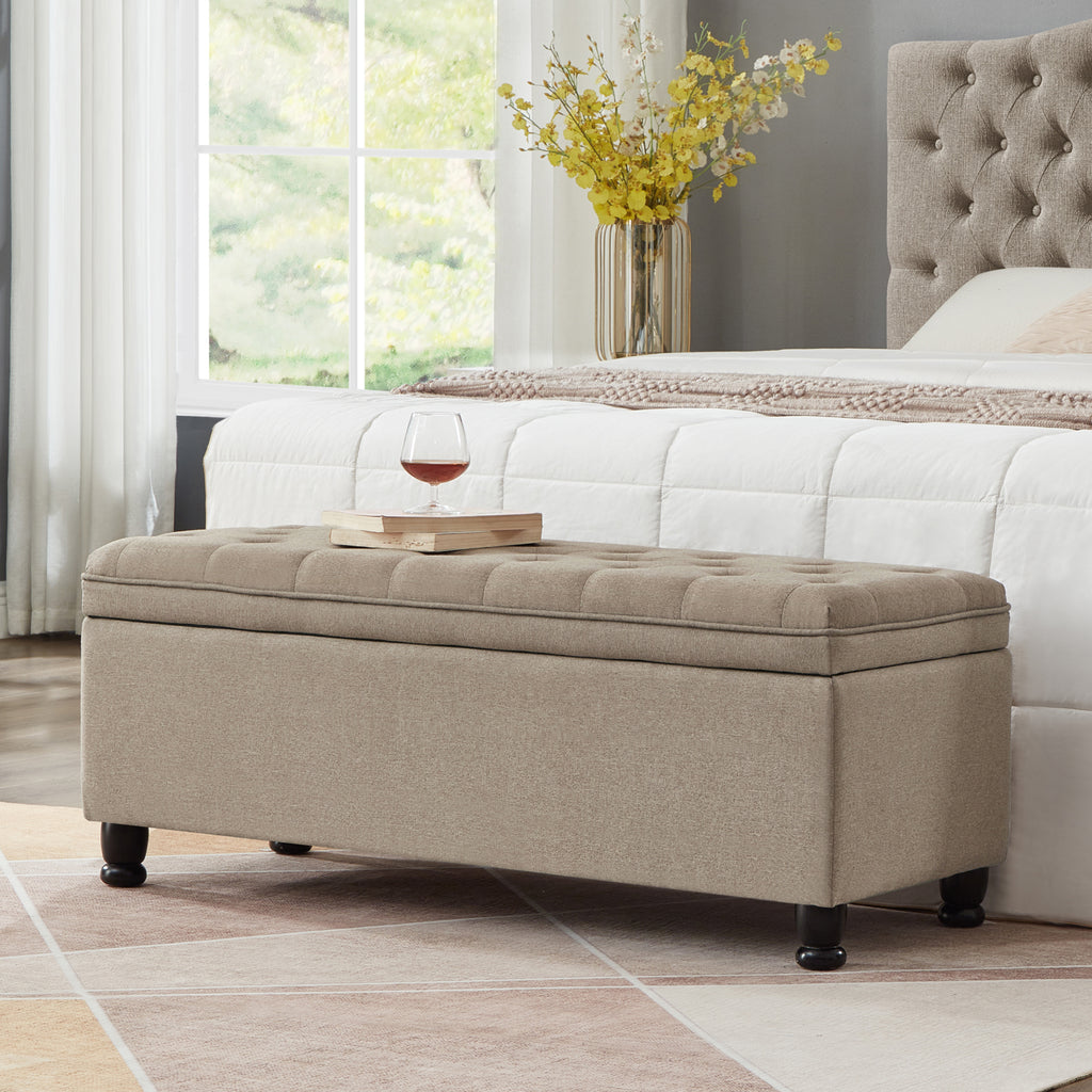 Upholstered tufted button storage bench ,Linen fabric entry bench with spindle wooden legs, Bed bench- Linen - Grand Goldman Shop