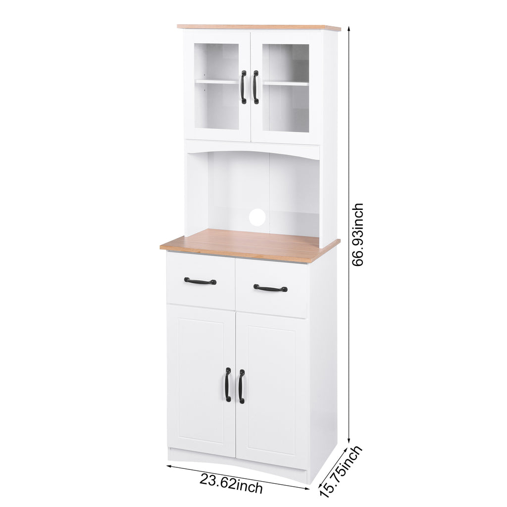 Wooden Kitchen Cabinet White Pantry Room Storage Microwave Cabinet with Framed Glass Doors and Drawer - Grand Goldman Shop