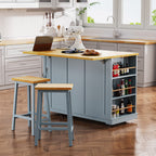K&K 53inch Large Kitchen Island with 2 Bar Stools,Power Outlet,Door Internal Storage Rack,Kitchen Storage Cart on 5 Wheels with Drop Leaf,5 Open Side Racks,3 Drawers,Grey Blue (Three Packages) - Grand Goldman Shop