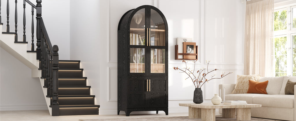 K&K 71' Tall Arched Kitchen Pantry Cabinet with Door Shelves, Farmhouse Kitchen Storage Cabinet with Open & Adjustable Shelves, Hidden Drawer & Glass Door, Cupboard for Kitchen, Dining Room, Black - Grand Goldman Shop