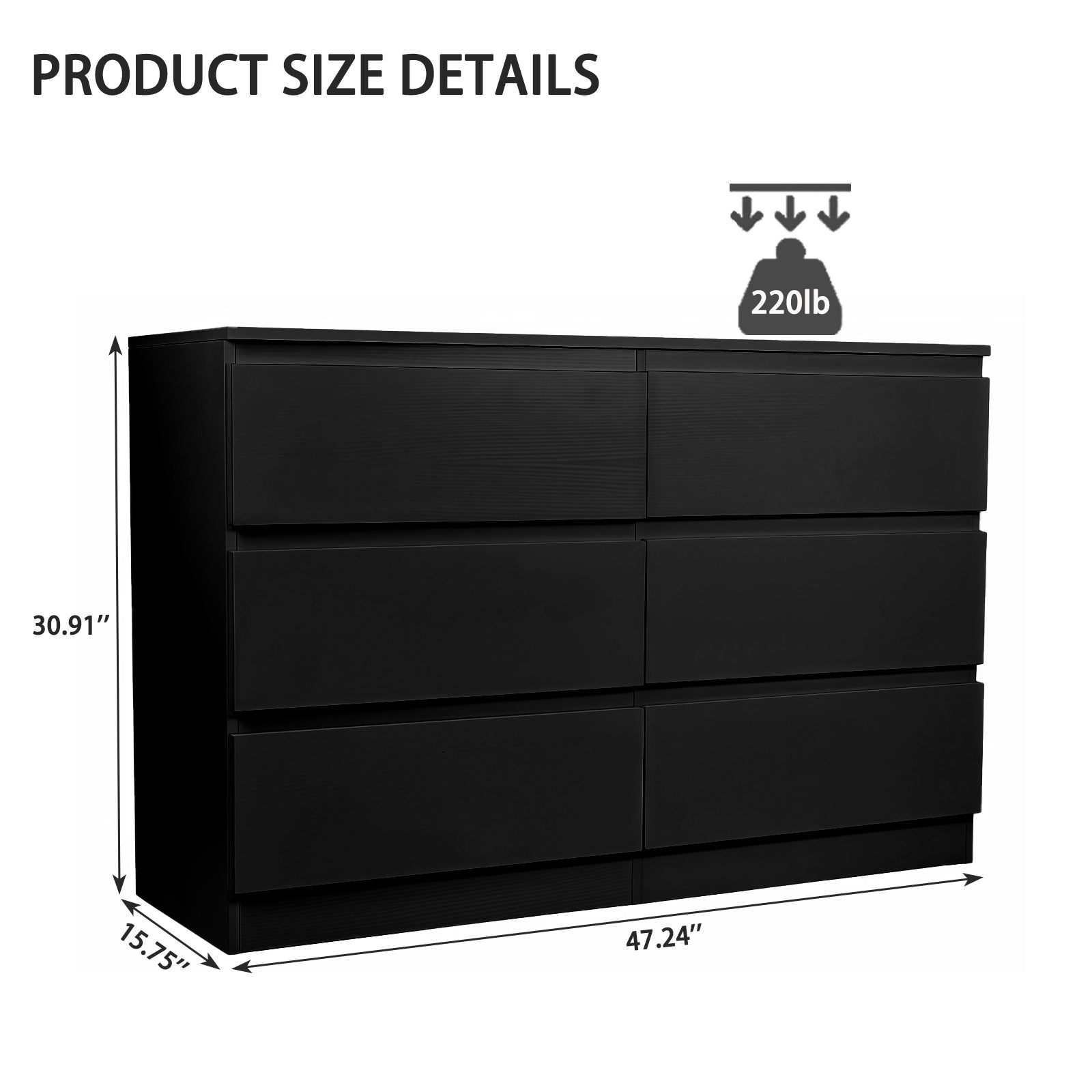 Modern 6 Drawer Dresser with Spacious Countertop and Concealed Handles, Storage Cabinet for Bedroom and Living Room, Black MDF - Grand Goldman Shop