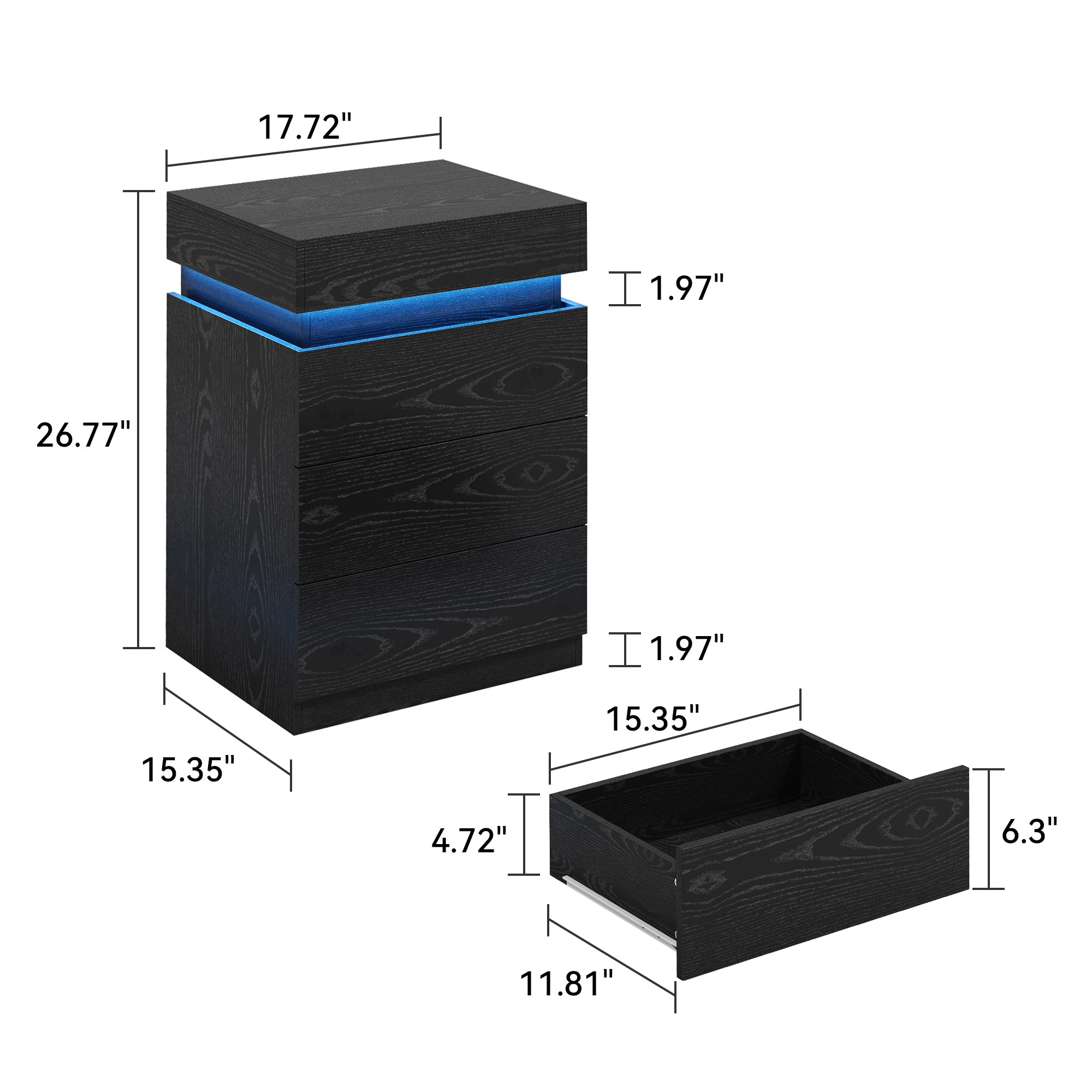 Nightstand with Built-In Charging Station and LED Lighting, 3-Drawer Sliding-Top Modern Bedside Table, Black Wooden End Table - Grand Goldman Shop
