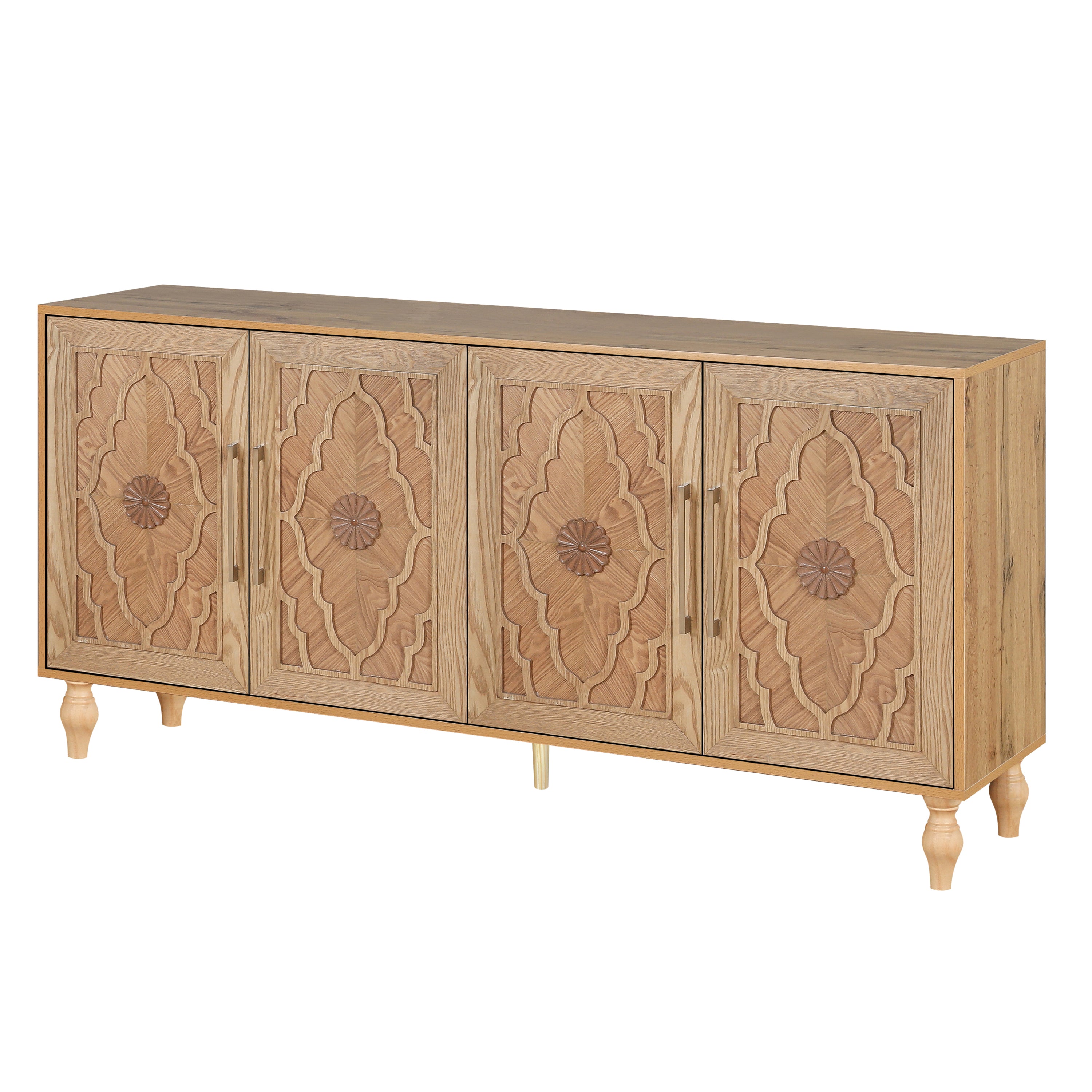 Carved Flower Door Large Storage Cabinet With Metal Handle Suitable For Living Room, Kitchen, Entryway(NATURAL WOOD) - Grand Goldman Shop