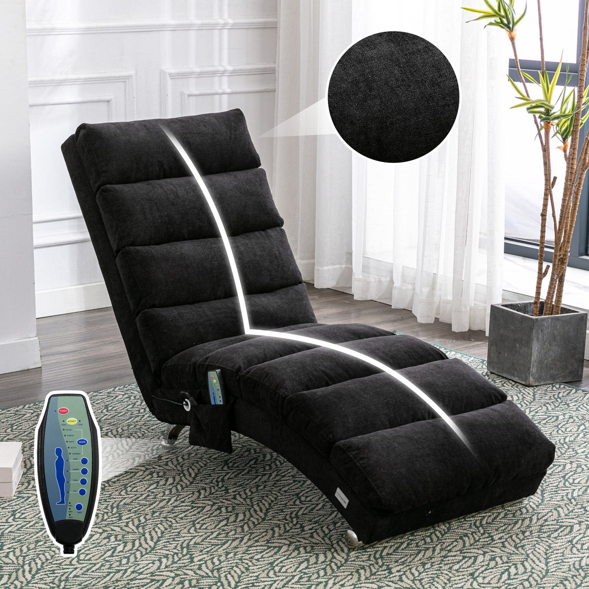 COOLMORE Luxury Upholstered Chaise Lounge Chair with Vibration for Relaxation, Modern Fixed Back Fabric Leisure Recliner Sofa for Living Room/Bedroom - Grand Goldman Shop