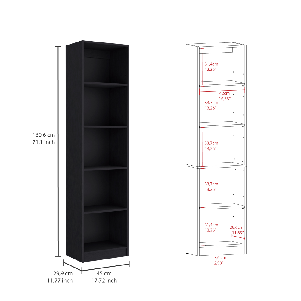 Home Xs Bookcase with 5-Tier Shelves and Slim Design -Black -Office - Grand Goldman