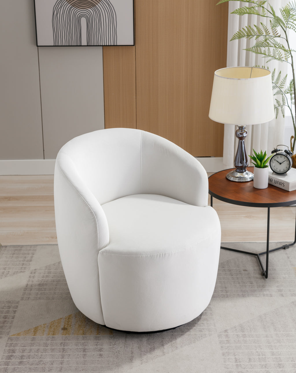 Velvet Fabric Swivel Accent Armchair Barrel Chair With Black Powder Coating Metal Ring,White - Grand Goldman Shop